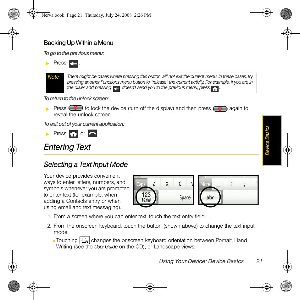 Entering text, Selecting a text input mode | Samsung SPH-M800PRBSPR User Manual | Page 24 / 125