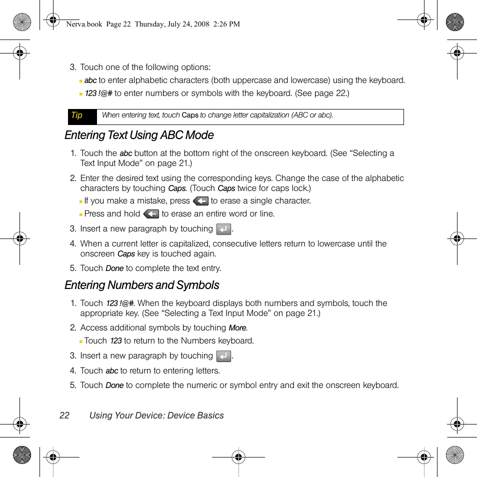 Entering text using abc mode, Entering numbers and symbols | Samsung SPH-M800PRBSPR User Manual | Page 25 / 125