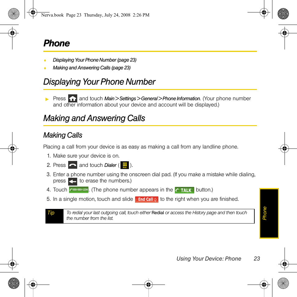 Phone, Displaying your phone number, Making and answering calls | Making calls | Samsung SPH-M800PRBSPR User Manual | Page 26 / 125