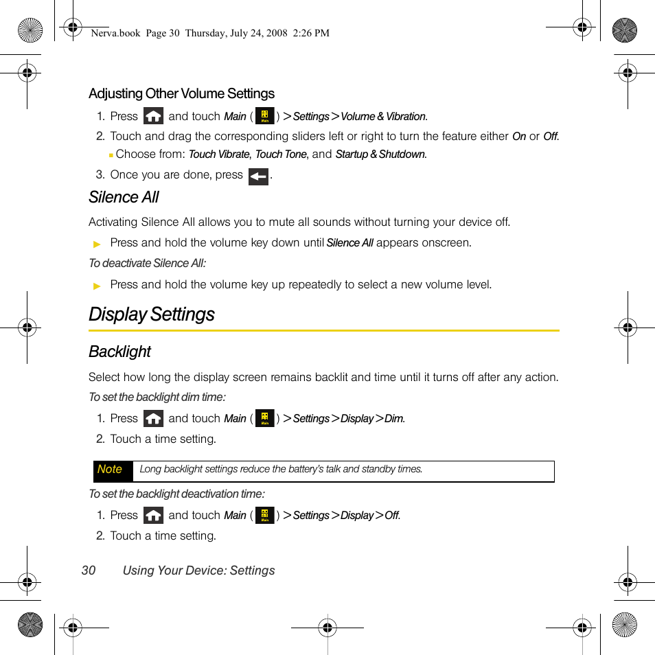 Display settings, Silence all, Backlight | Samsung SPH-M800PRBSPR User Manual | Page 33 / 125
