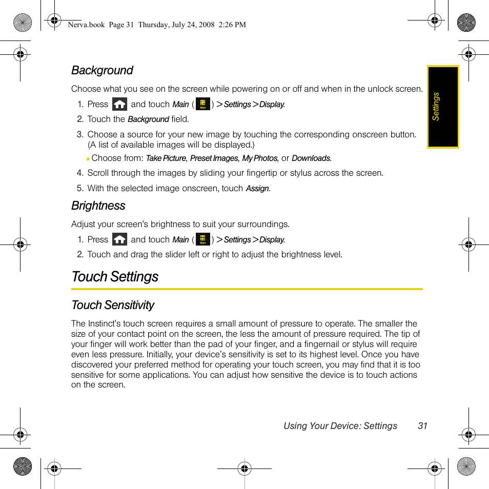 Touch settings, Background, Brightness | Touch sensitivity | Samsung SPH-M800PRBSPR User Manual | Page 34 / 125