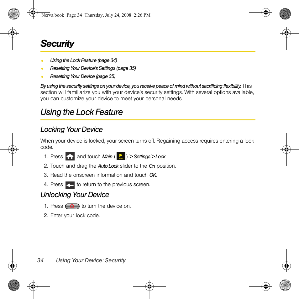 Security, Using the lock feature, Locking your device | Unlocking your device | Samsung SPH-M800PRBSPR User Manual | Page 37 / 125