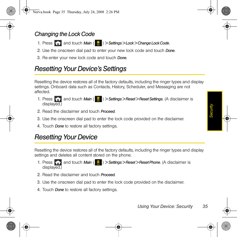 Resetting your device’s settings, Resetting your device, Changing the lock code | Samsung SPH-M800PRBSPR User Manual | Page 38 / 125