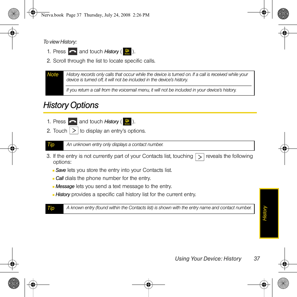 History options | Samsung SPH-M800PRBSPR User Manual | Page 40 / 125