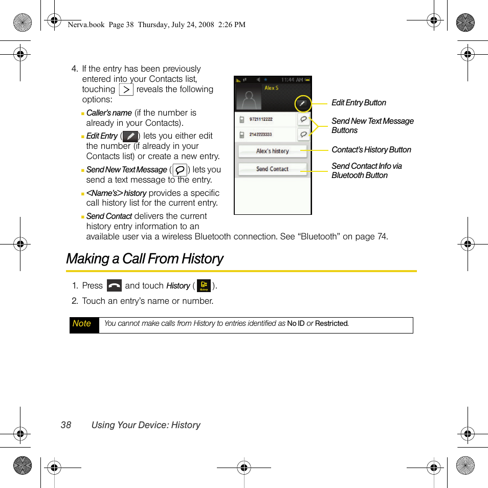 Making a call from history | Samsung SPH-M800PRBSPR User Manual | Page 41 / 125