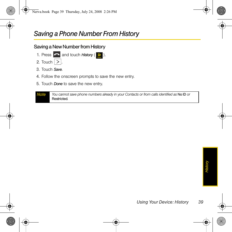 Saving a phone number from history | Samsung SPH-M800PRBSPR User Manual | Page 42 / 125