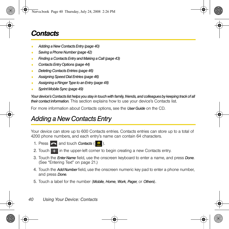 Contacts, Adding a new contacts entry | Samsung SPH-M800PRBSPR User Manual | Page 43 / 125