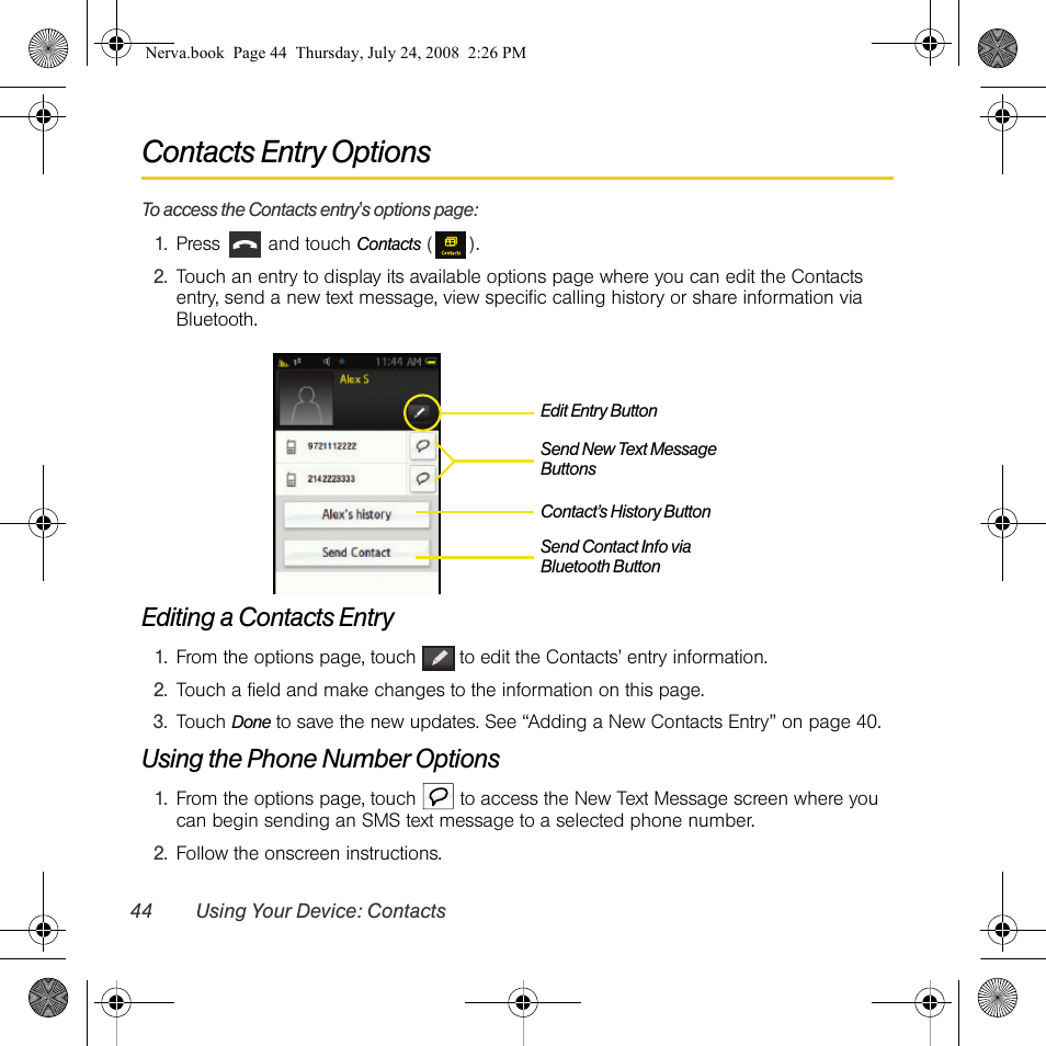 Contacts entry options, Editing a contacts entry, Using the phone number options | Samsung SPH-M800PRBSPR User Manual | Page 47 / 125