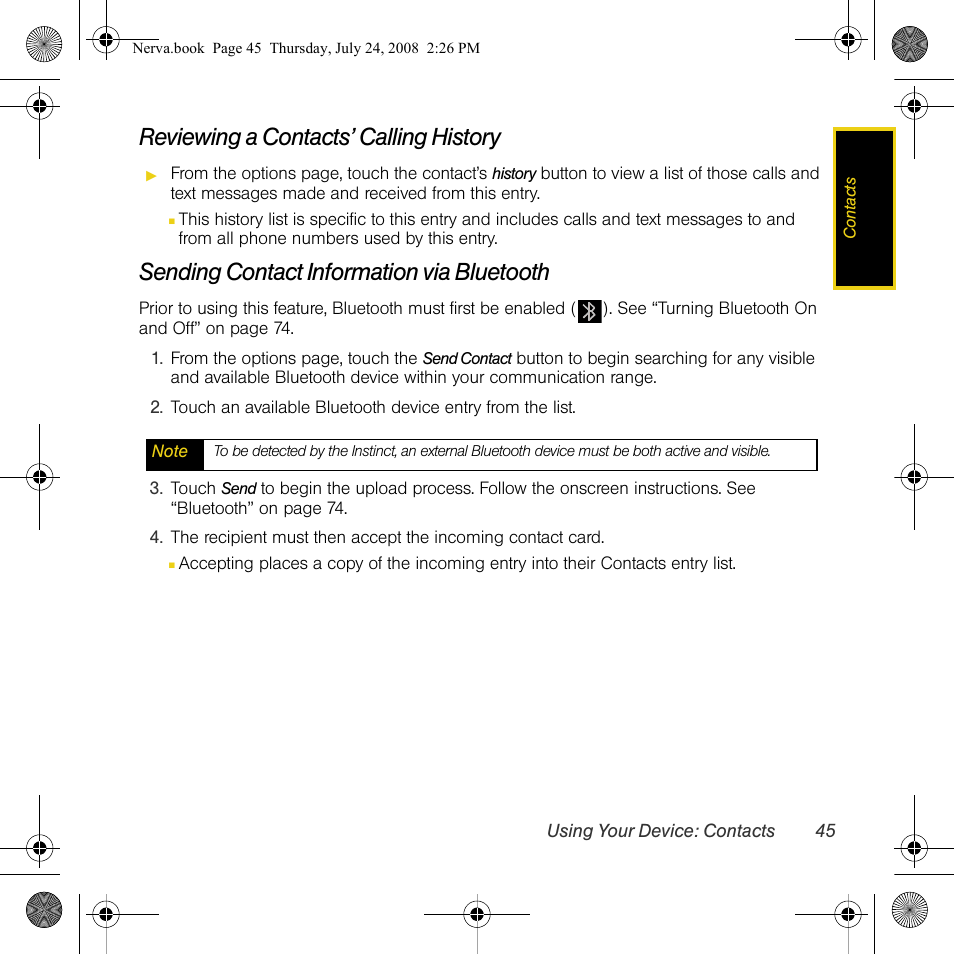 Reviewing a contacts’ calling history, Sending contact information via bluetooth | Samsung SPH-M800PRBSPR User Manual | Page 48 / 125