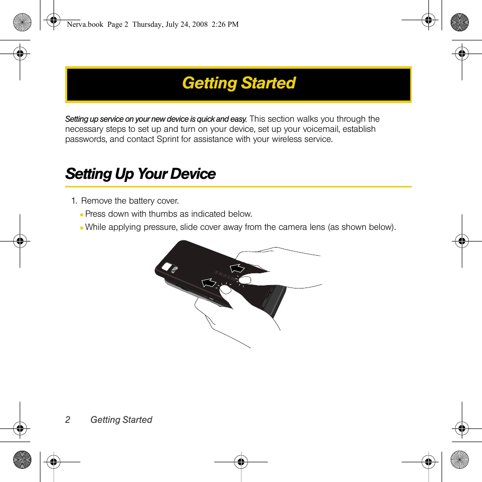 Getting started, Setting up your device | Samsung SPH-M800PRBSPR User Manual | Page 5 / 125