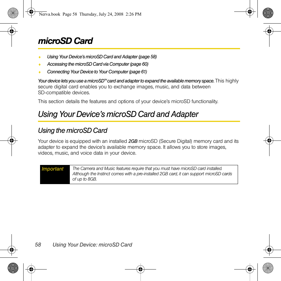 Microsd card, Using your device’s microsd card and adapter, Using the microsd card | Samsung SPH-M800PRBSPR User Manual | Page 61 / 125