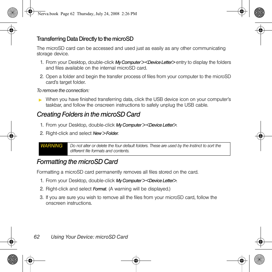 Creating folders in the microsd card, Formatting the microsd card | Samsung SPH-M800PRBSPR User Manual | Page 65 / 125