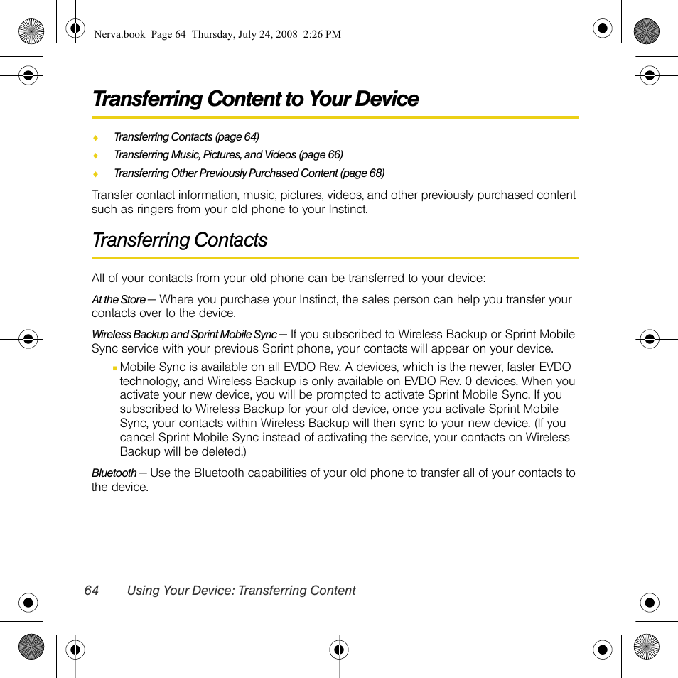 Transferring content to your device, Transferring contacts | Samsung SPH-M800PRBSPR User Manual | Page 67 / 125