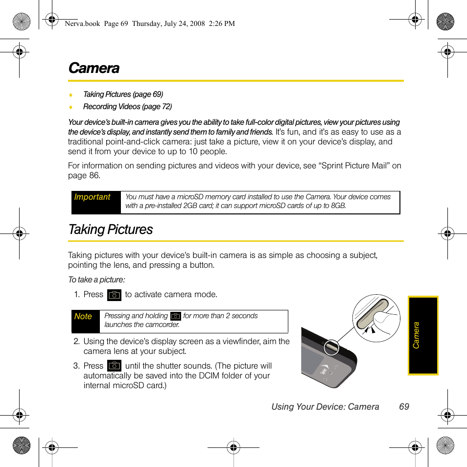 Camera, Taking pictures | Samsung SPH-M800PRBSPR User Manual | Page 72 / 125