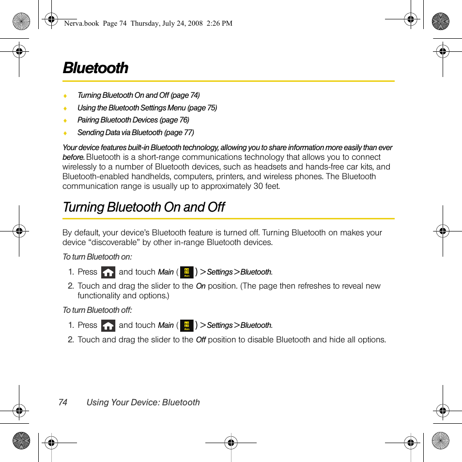 Bluetooth, Turning bluetooth on and off, See “turning bluetooth on | Samsung SPH-M800PRBSPR User Manual | Page 77 / 125