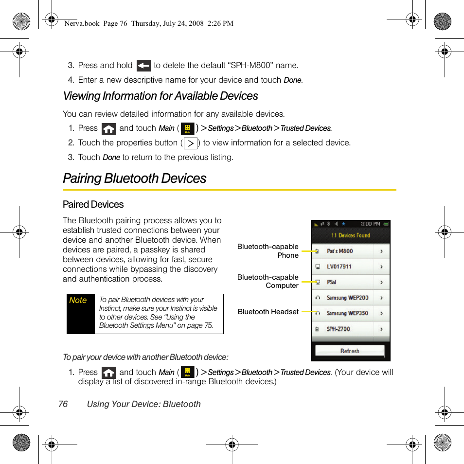 Pairing bluetooth devices, Viewing information for available devices | Samsung SPH-M800PRBSPR User Manual | Page 79 / 125