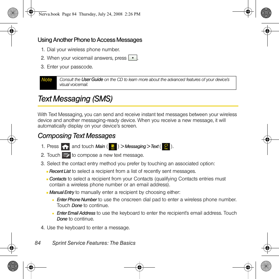 Text messaging (sms), Composing text messages, Using another phone to access messages | Samsung SPH-M800PRBSPR User Manual | Page 87 / 125