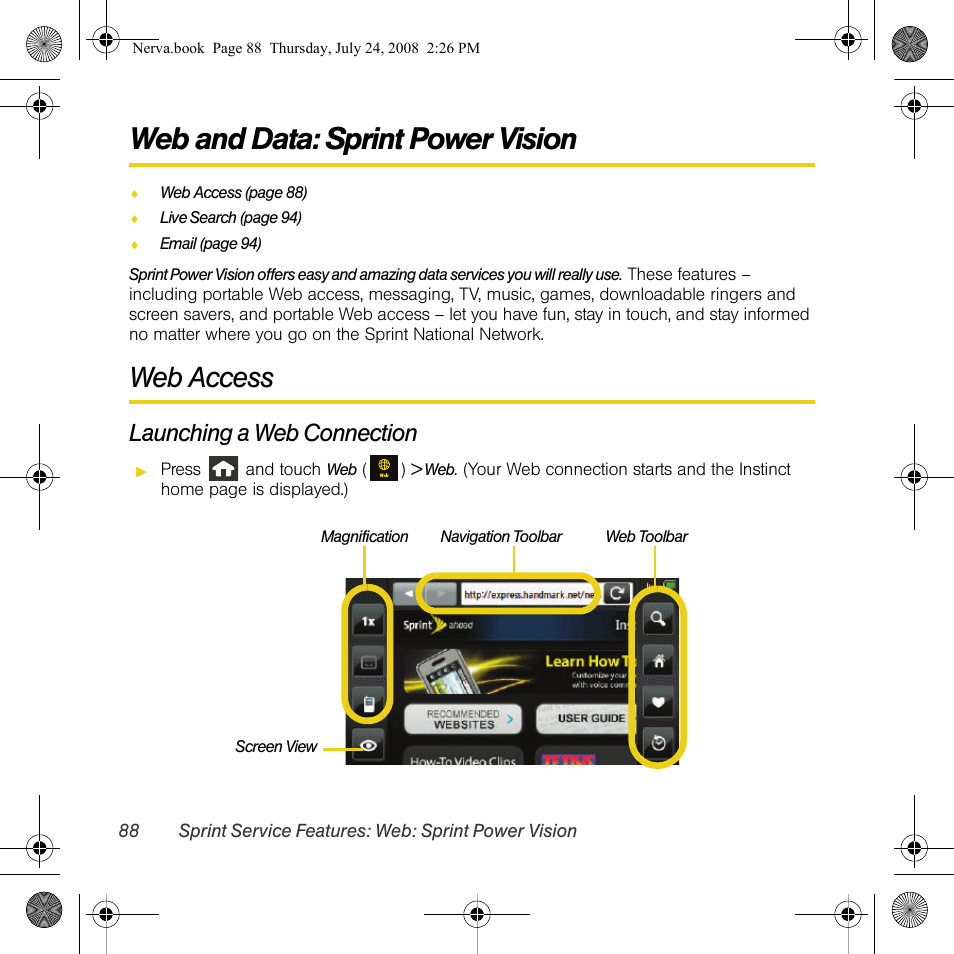 Web and data: sprint power vision, Web access, Launching a web connection | Samsung SPH-M800PRBSPR User Manual | Page 91 / 125