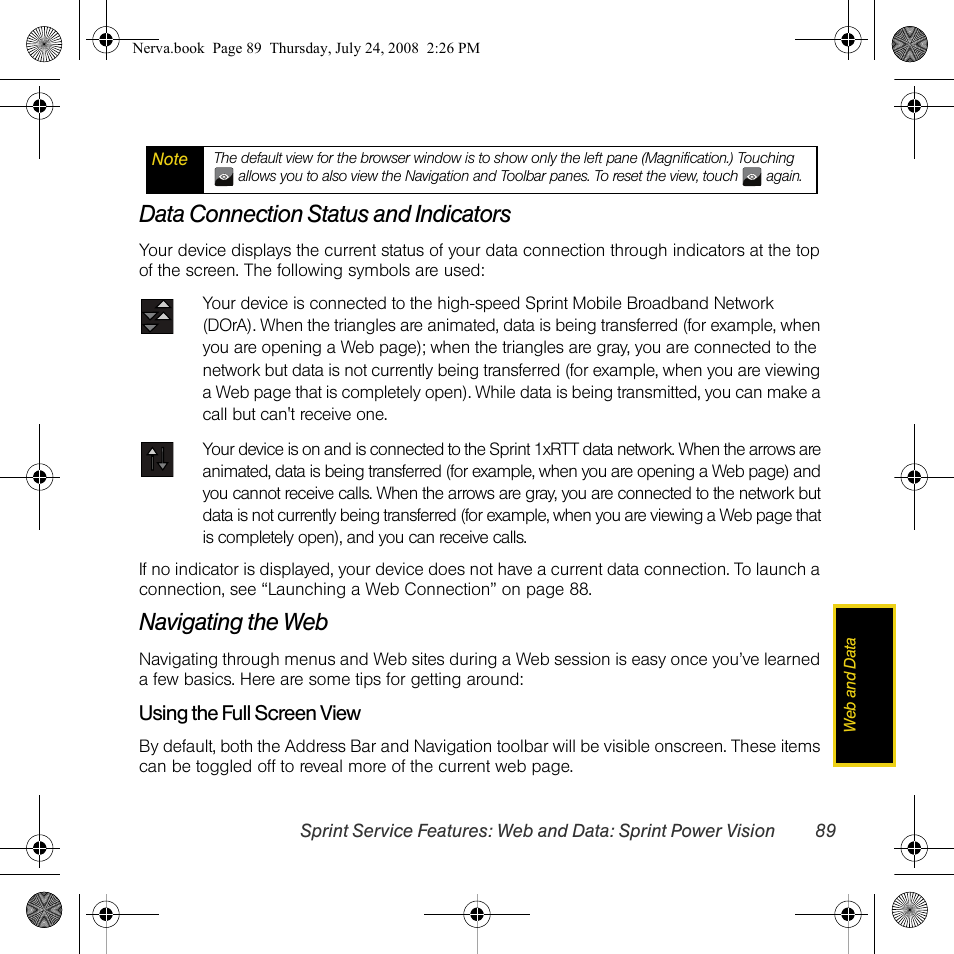 Data connection status and indicators, Navigating the web | Samsung SPH-M800PRBSPR User Manual | Page 92 / 125