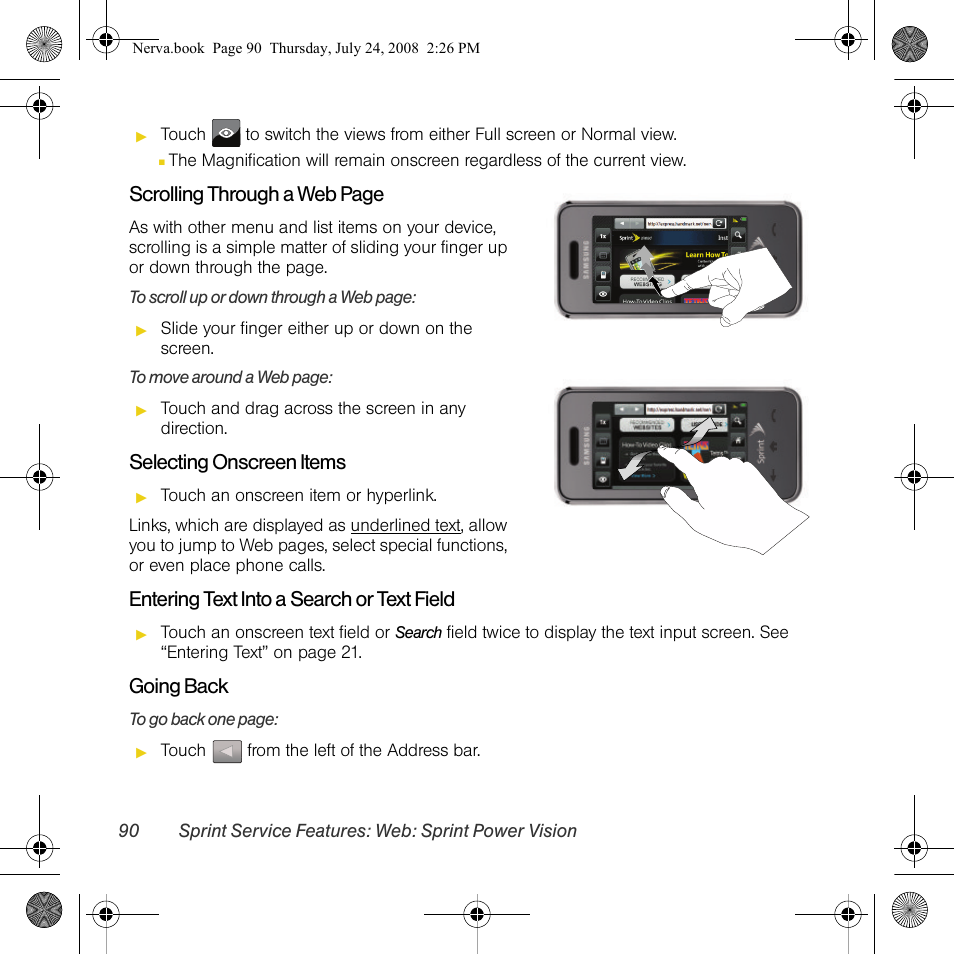 Scrolling through a web page, Selecting onscreen items, Entering text into a search or text field | Going back | Samsung SPH-M800PRBSPR User Manual | Page 93 / 125
