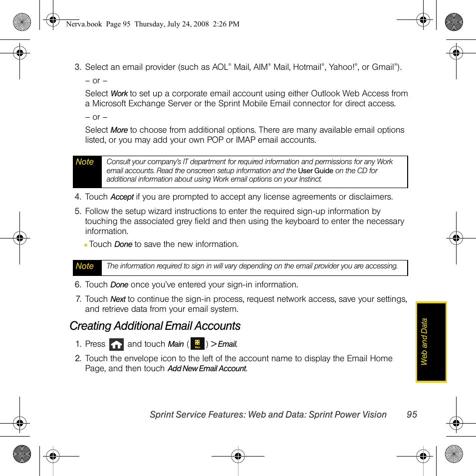 Creating additional email accounts | Samsung SPH-M800PRBSPR User Manual | Page 98 / 125