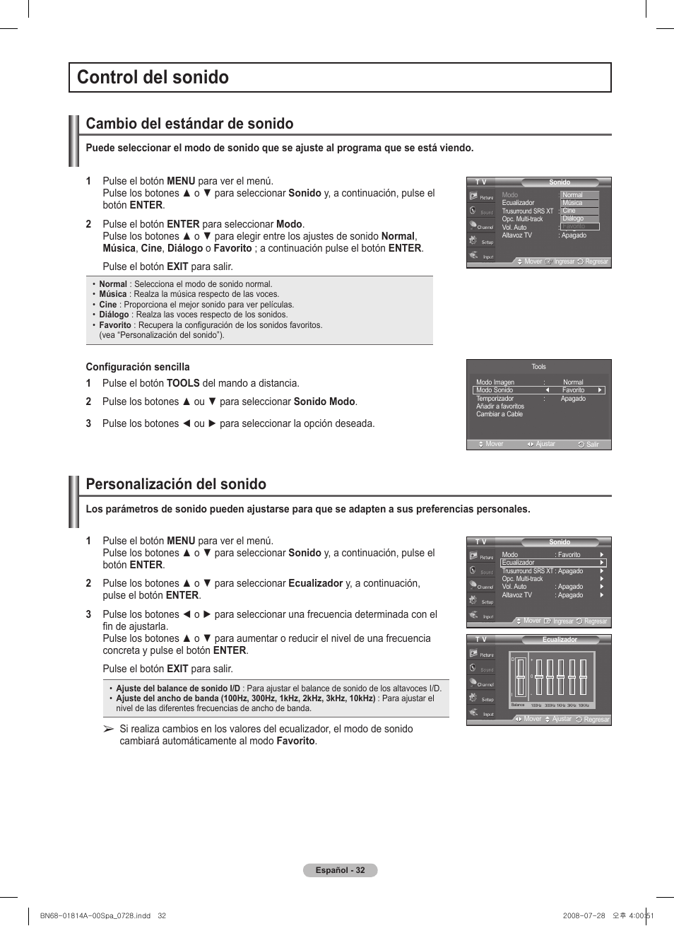 Control del sonido, Cambio del estándar de sonido, Personalización del sonido | Samsung PN50A400C2DXZA User Manual | Page 101 / 209