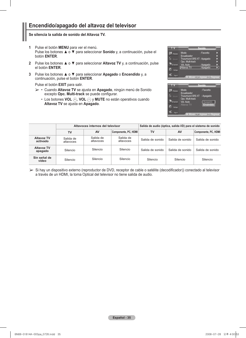 Encendido/apagado del altavoz del televisor | Samsung PN50A400C2DXZA User Manual | Page 104 / 209