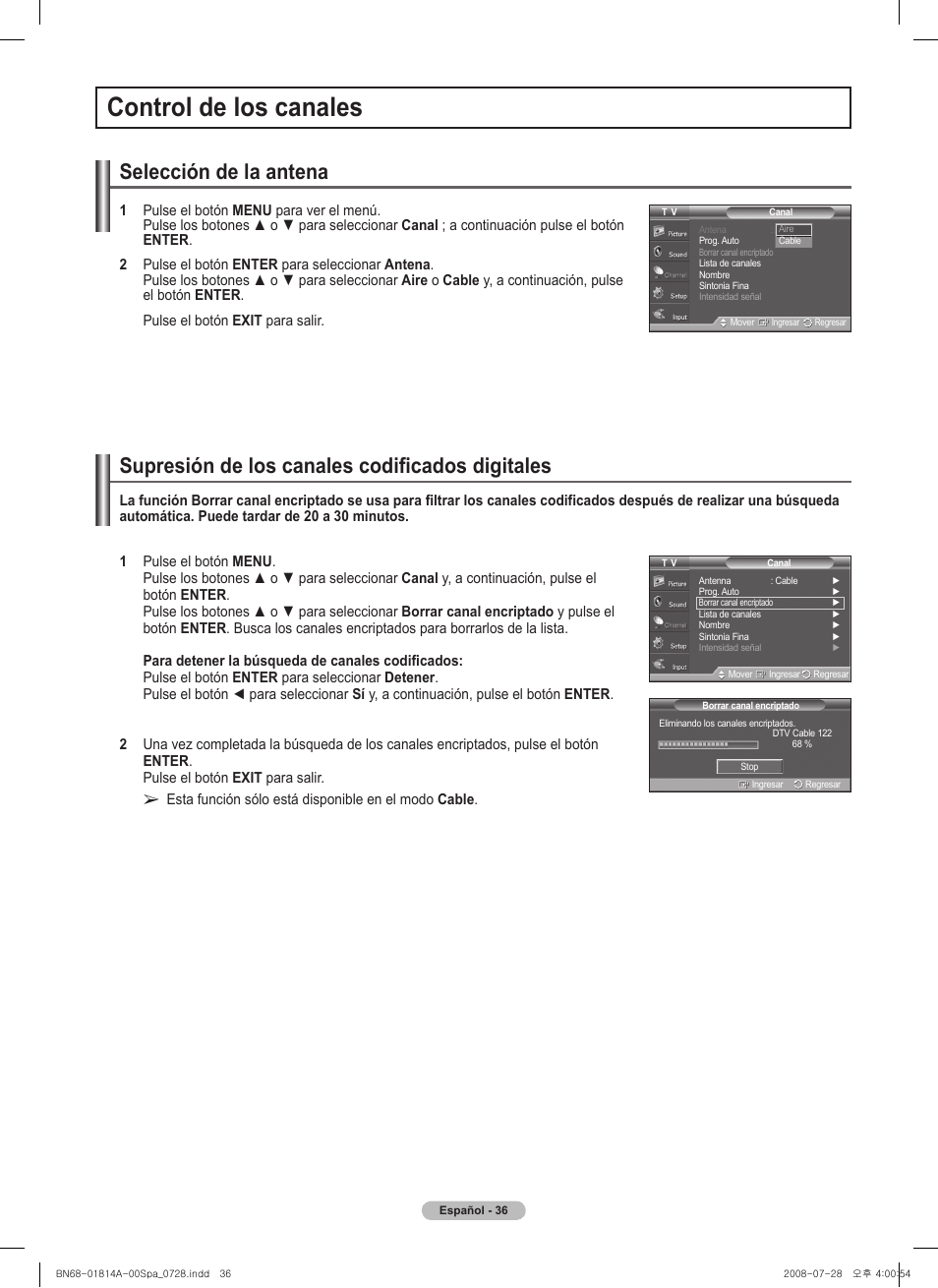 Control de los canales, Selección de la antena, Supresión de los canales codificados digitales | Samsung PN50A400C2DXZA User Manual | Page 105 / 209