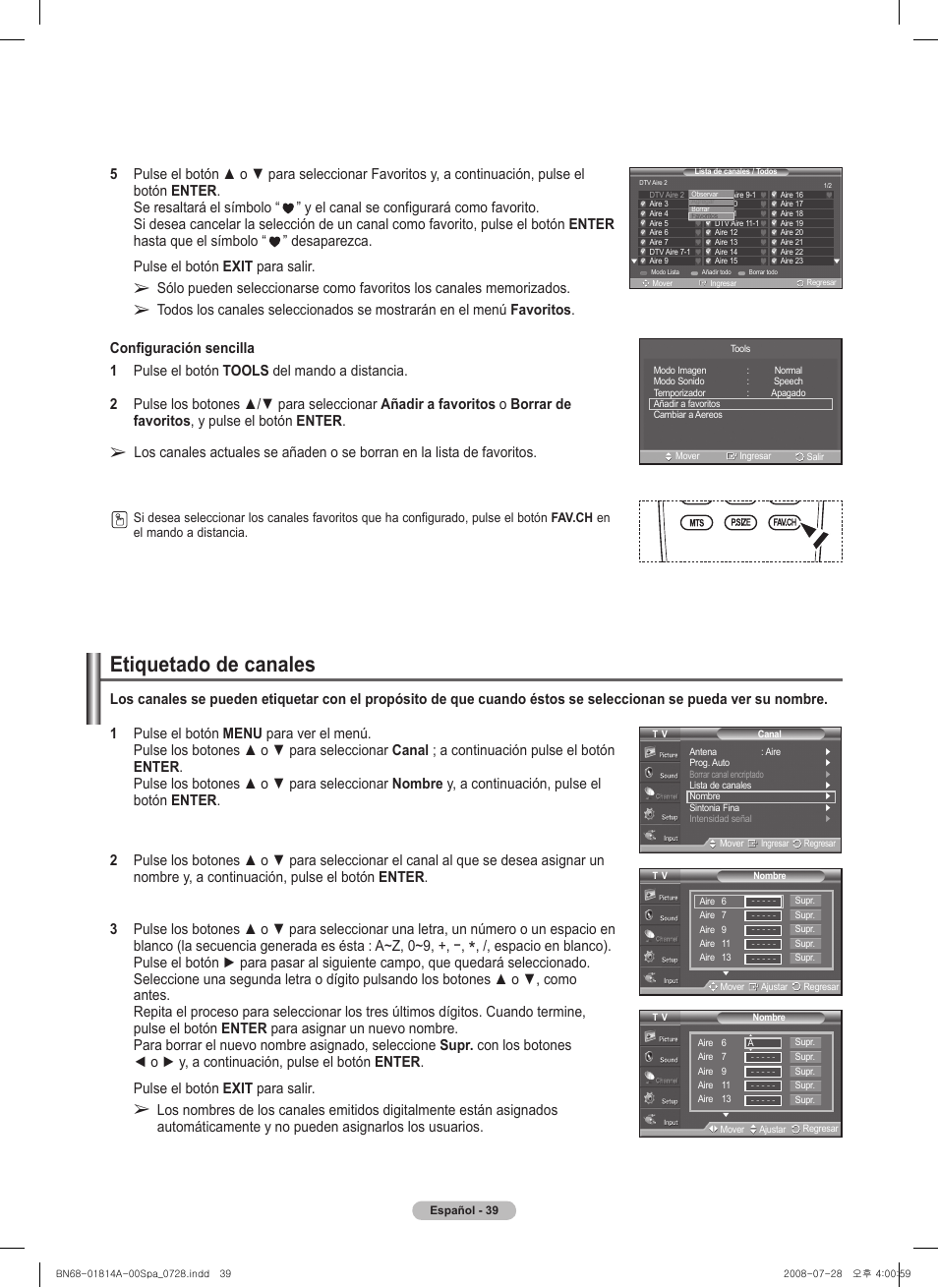 Etiquetado de canales | Samsung PN50A400C2DXZA User Manual | Page 108 / 209