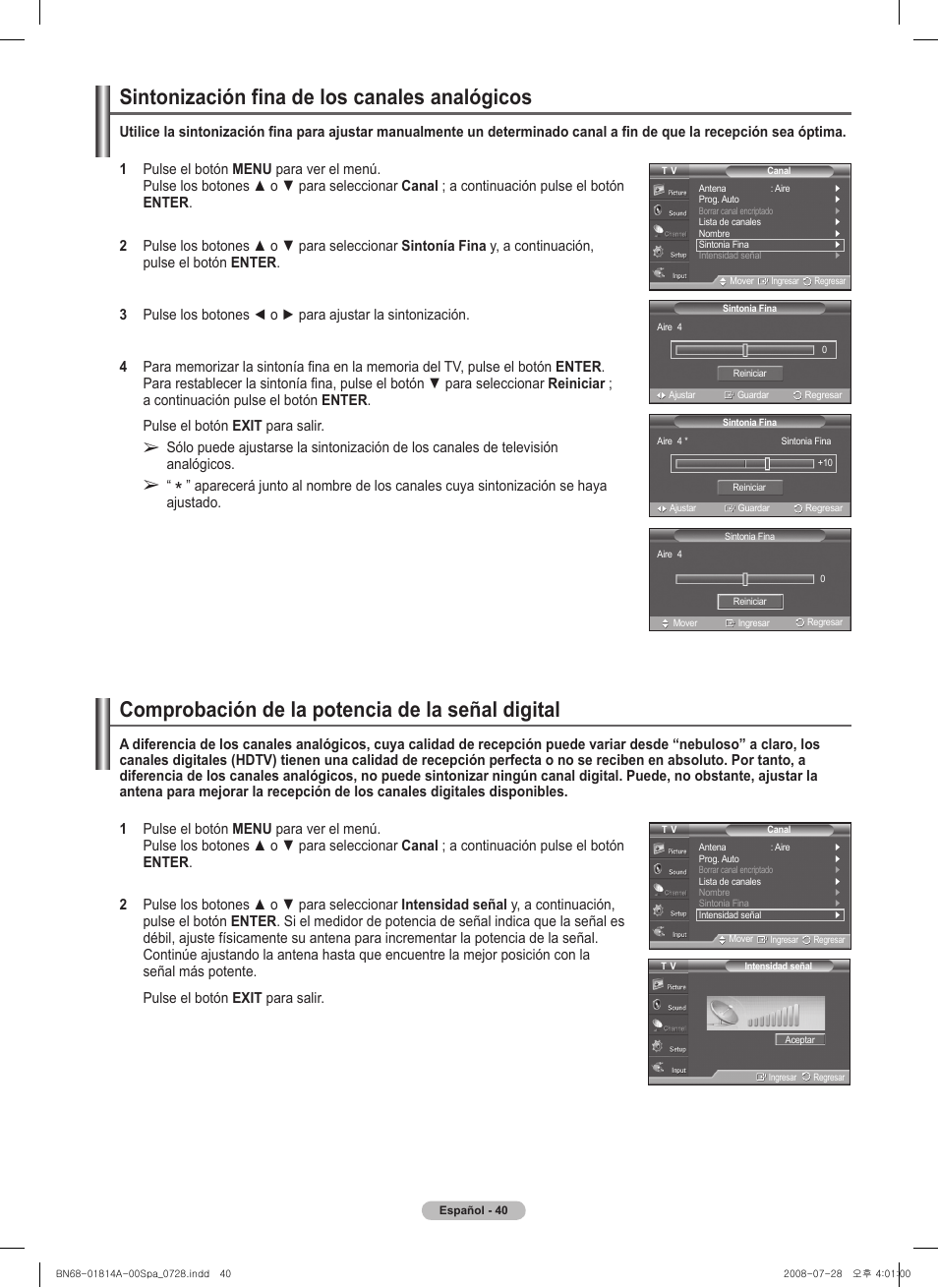 Comprobación de la potencia de la señal digital, Sintonización fina de los canales analógicos | Samsung PN50A400C2DXZA User Manual | Page 109 / 209