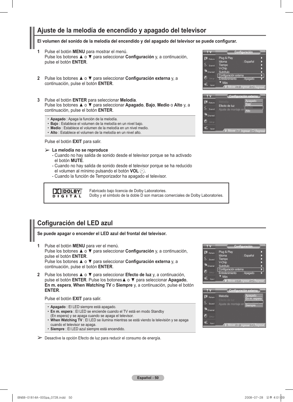 Cofiguración del led azul | Samsung PN50A400C2DXZA User Manual | Page 119 / 209