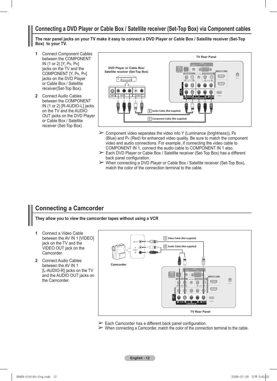 Connecting a camcorder | Samsung PN50A400C2DXZA User Manual | Page 12 / 209