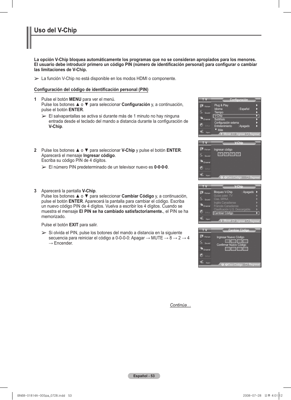 Uso del v-chip | Samsung PN50A400C2DXZA User Manual | Page 122 / 209