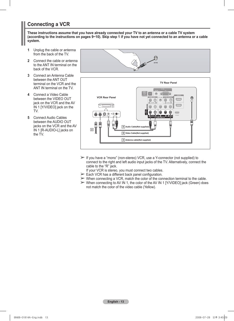 Connecting a vcr | Samsung PN50A400C2DXZA User Manual | Page 13 / 209