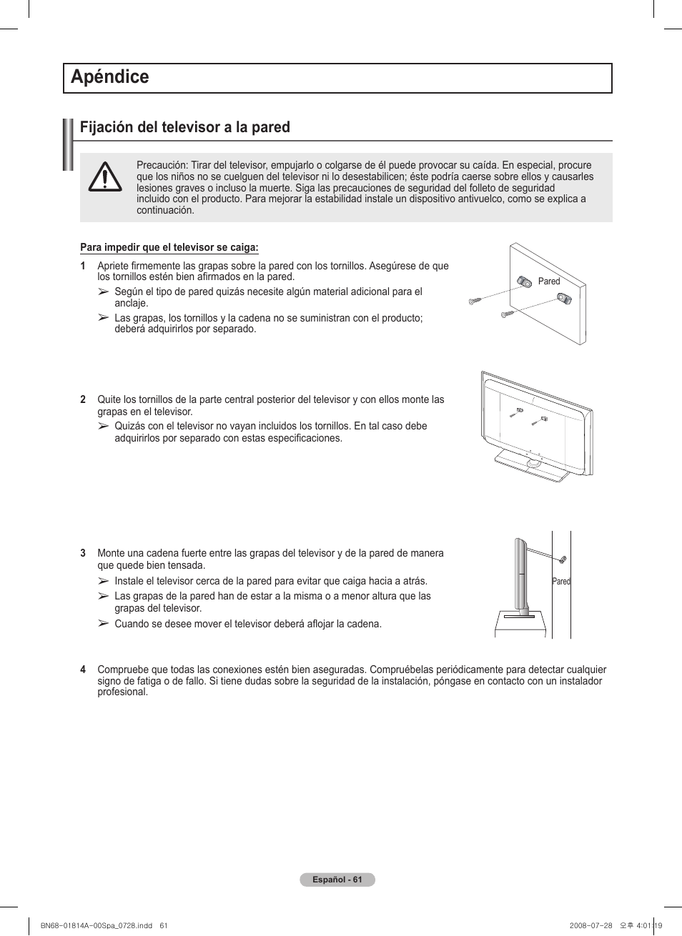 경고 주의 경고 주의, Apéndice, Fijación del televisor a la pared | Samsung PN50A400C2DXZA User Manual | Page 130 / 209