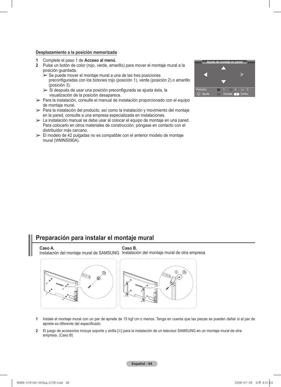 Preparación para instalar el montaje mural | Samsung PN50A400C2DXZA User Manual | Page 133 / 209