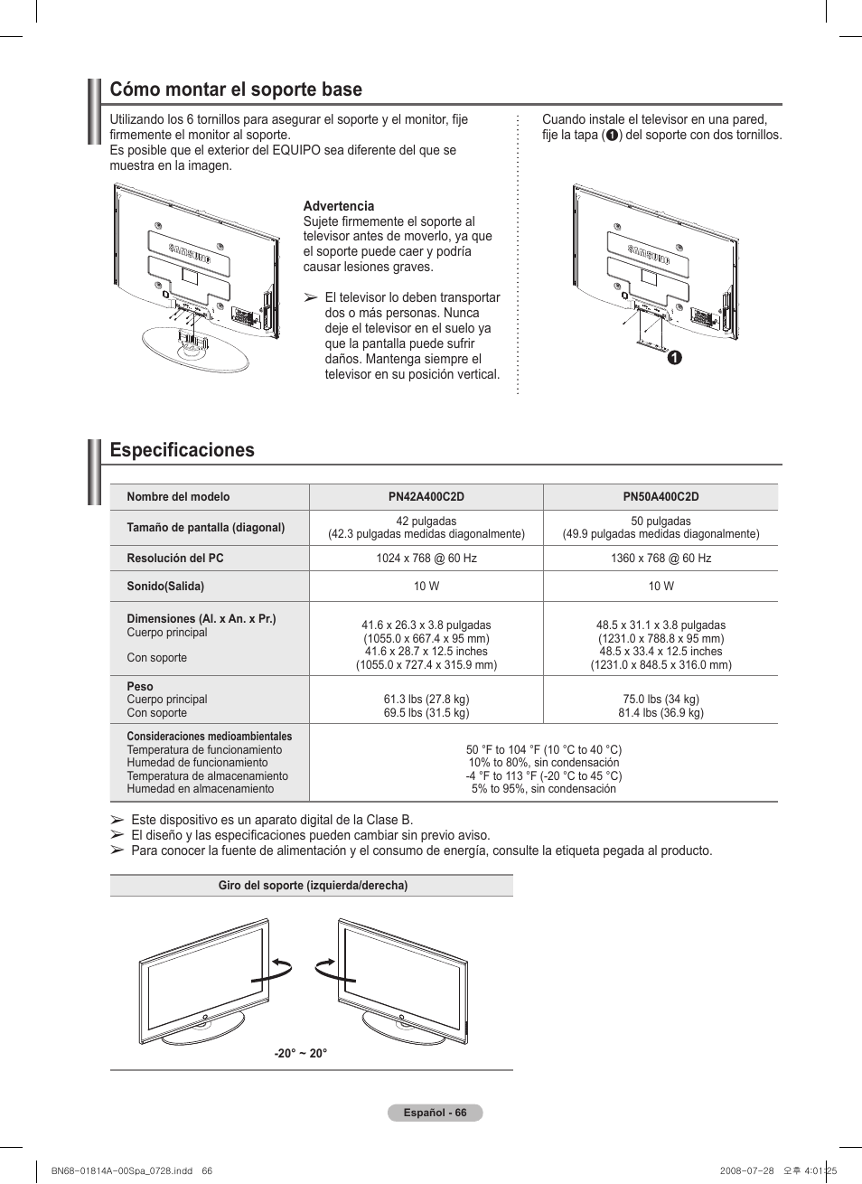 Cómo montar el soporte base, Especificaciones | Samsung PN50A400C2DXZA User Manual | Page 135 / 209