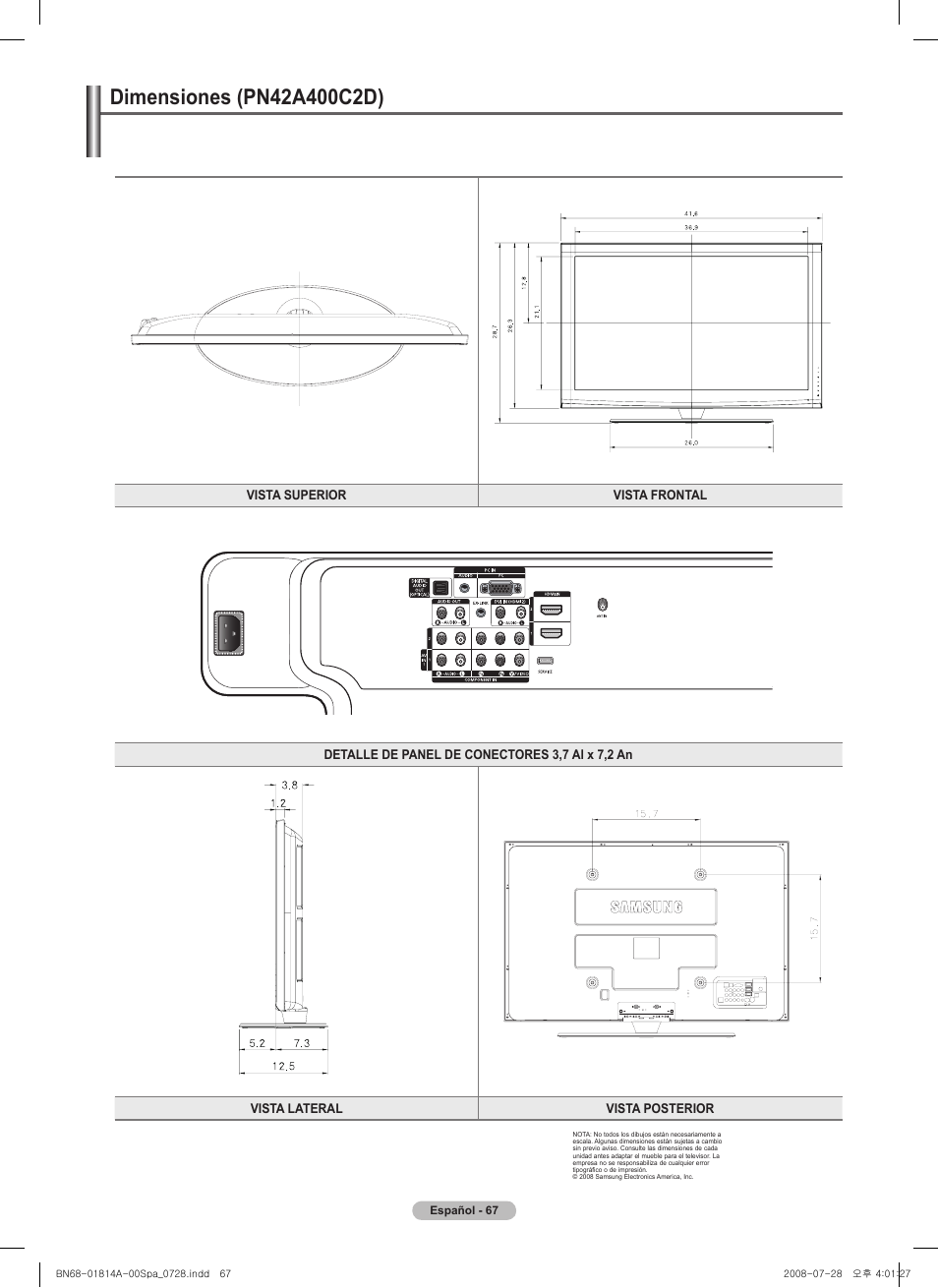 Dimensiones (pna00cd) | Samsung PN50A400C2DXZA User Manual | Page 136 / 209