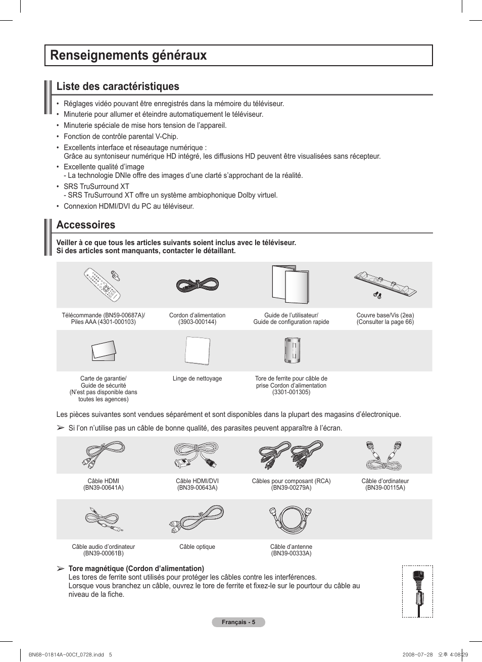 Renseignements généraux, Liste des caractéristiques, Accessoires | Samsung PN50A400C2DXZA User Manual | Page 144 / 209