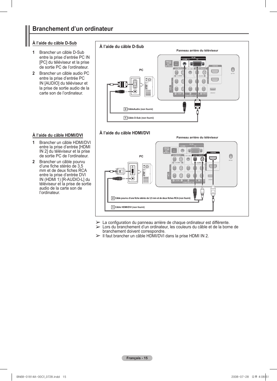 Branchement d’un ordinateur | Samsung PN50A400C2DXZA User Manual | Page 154 / 209