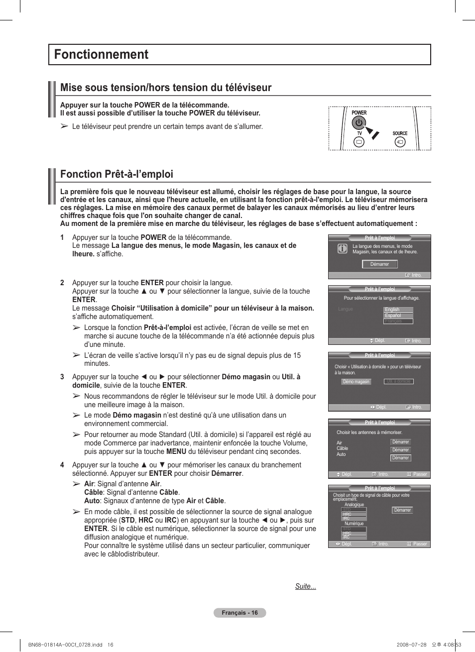 Fonctionnement, Mise sous tension/hors tension du téléviseur, Fonction prêt-à-l’emploi | Samsung PN50A400C2DXZA User Manual | Page 155 / 209