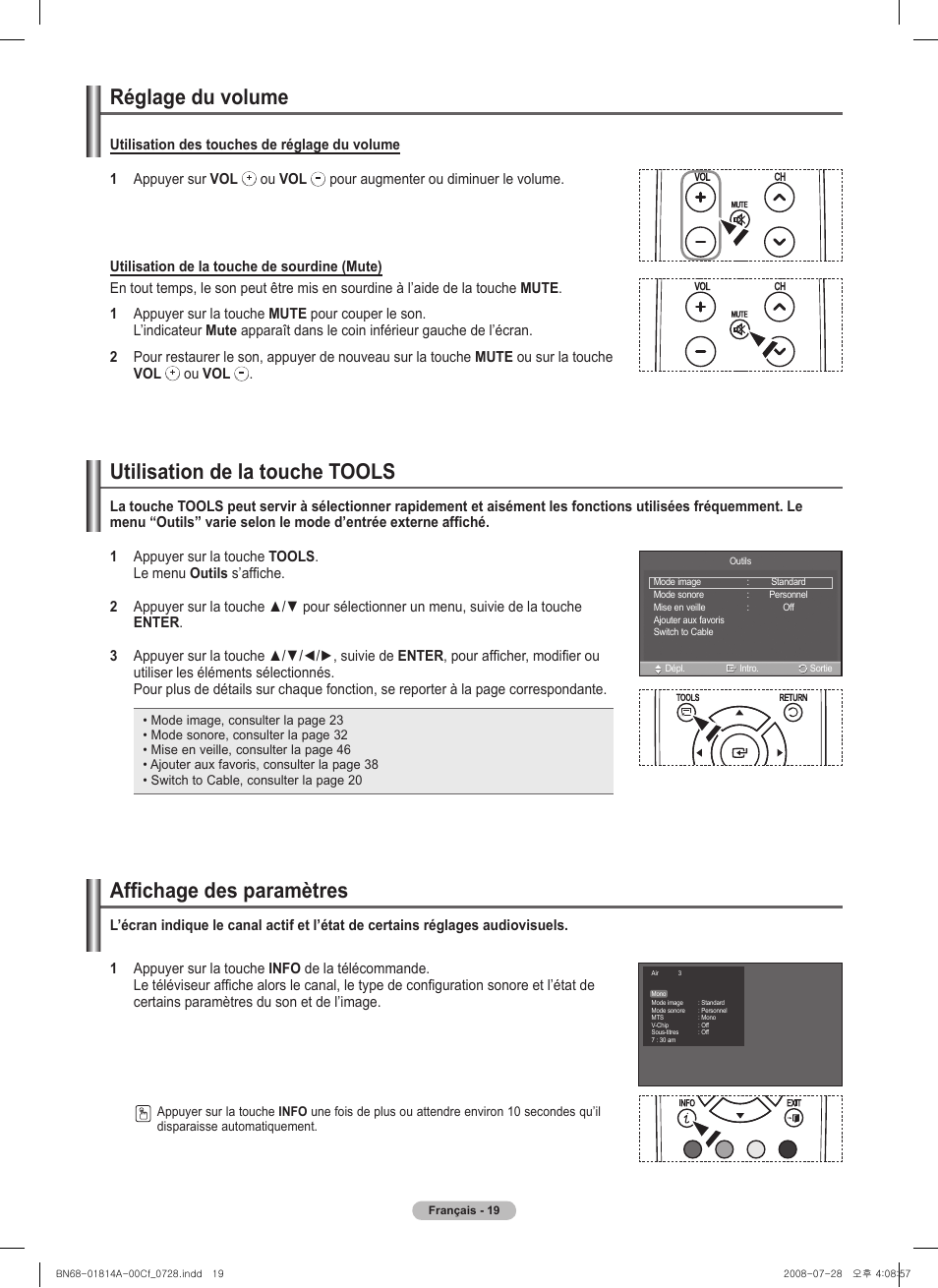 Réglage du volume, Utilisation de la touche tools, Affichage des paramètres | Samsung PN50A400C2DXZA User Manual | Page 158 / 209