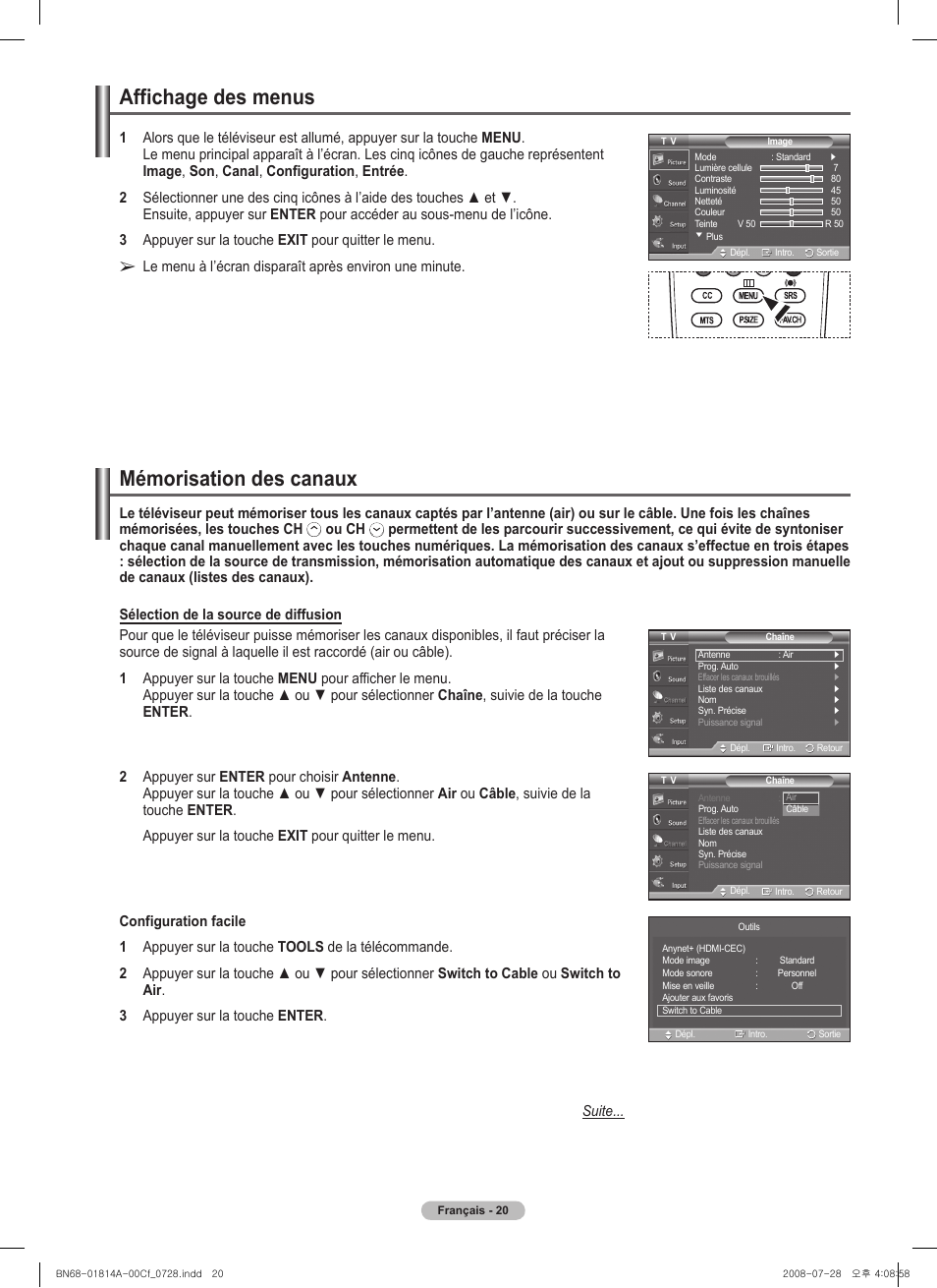 Affichage des menus mémorisation des canaux, Ou ch | Samsung PN50A400C2DXZA User Manual | Page 159 / 209