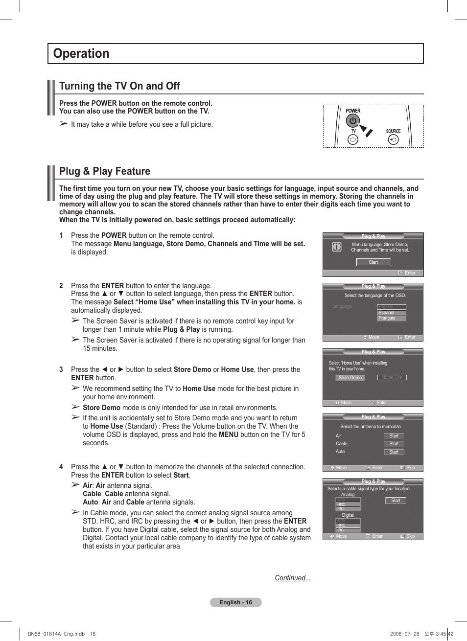 Operation, Turning the tv on and off, Plug & play feature | Samsung PN50A400C2DXZA User Manual | Page 16 / 209