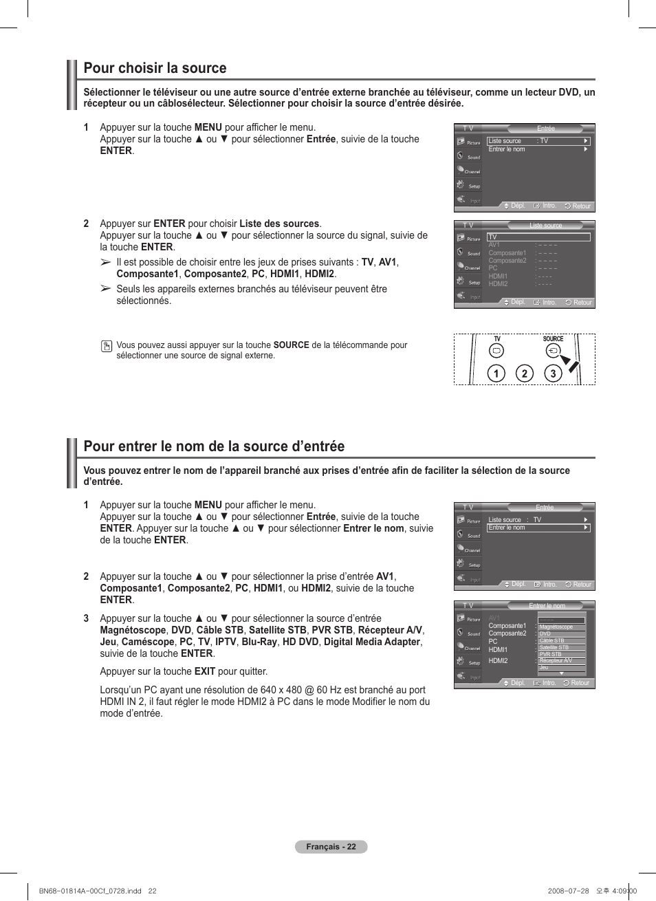 Pour choisir la source, Pour entrer le nom de la source d’entrée | Samsung PN50A400C2DXZA User Manual | Page 161 / 209