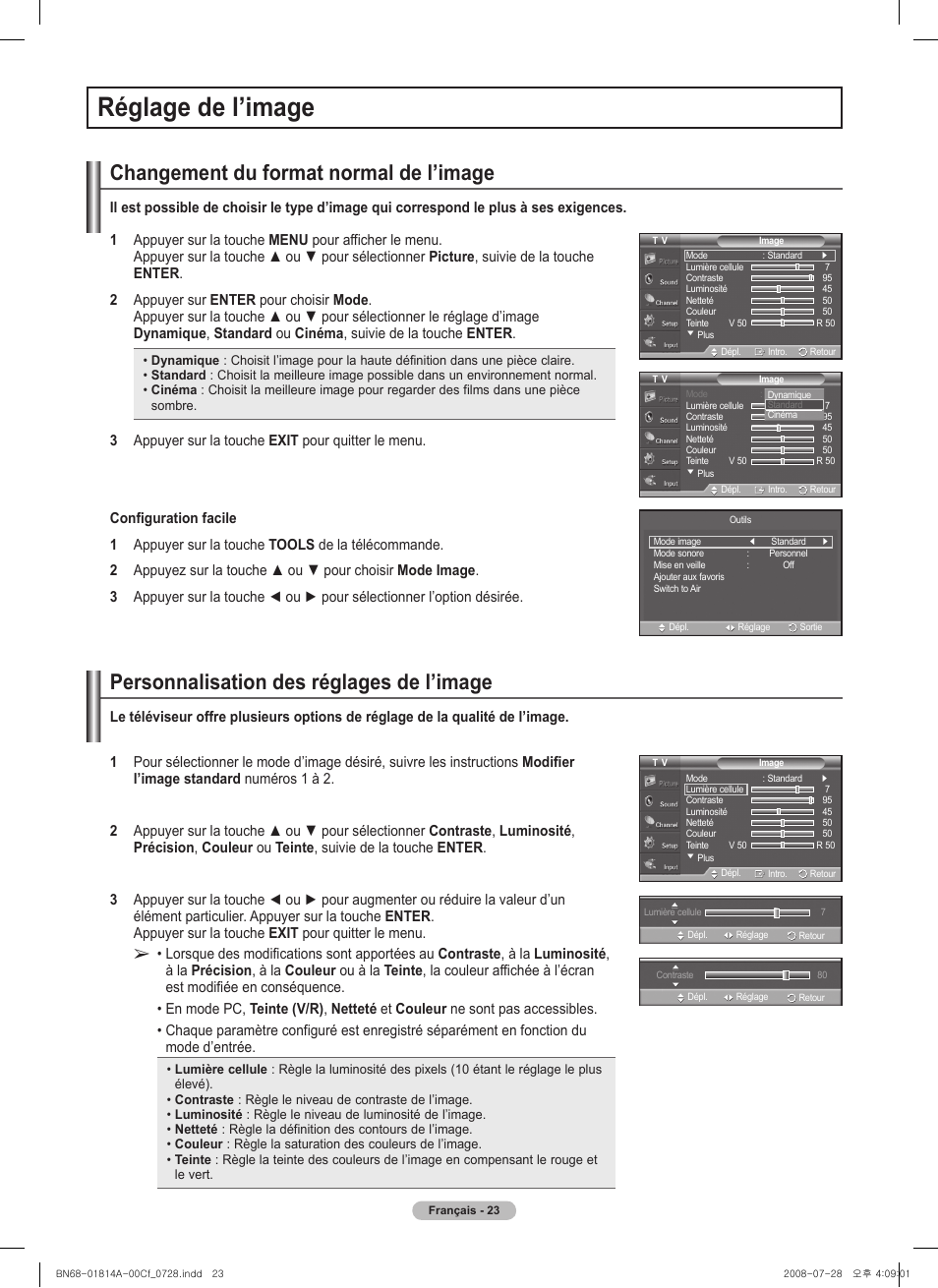 Réglage de l’image, Changement du format normal de l’image, Personnalisation des réglages de l’image | Samsung PN50A400C2DXZA User Manual | Page 162 / 209