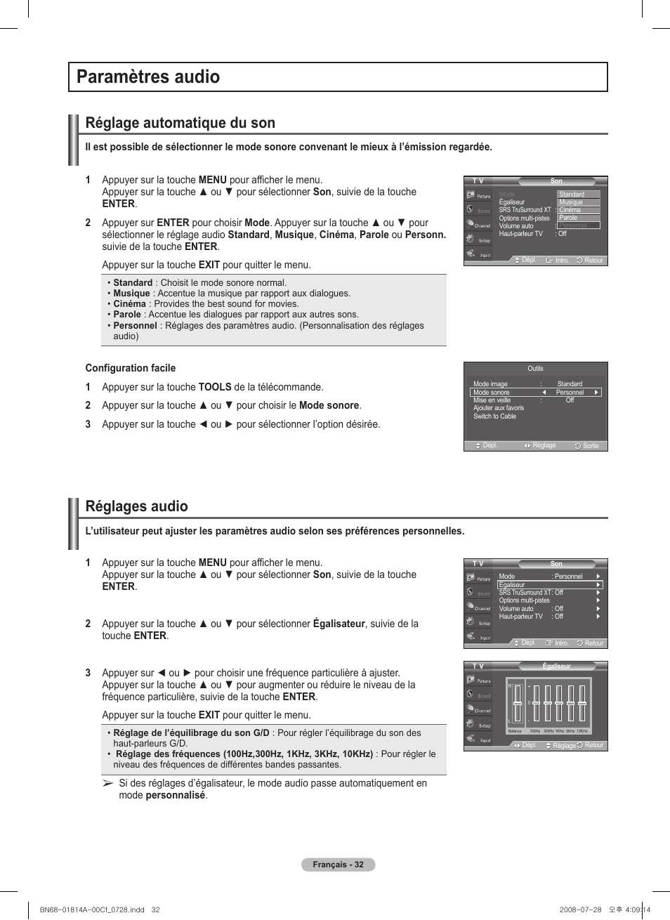 Paramètres audio, Réglage automatique du son, Réglages audio | Samsung PN50A400C2DXZA User Manual | Page 171 / 209