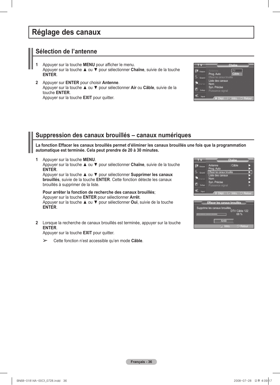 Réglage des canaux, Sélection de l’antenne | Samsung PN50A400C2DXZA User Manual | Page 175 / 209