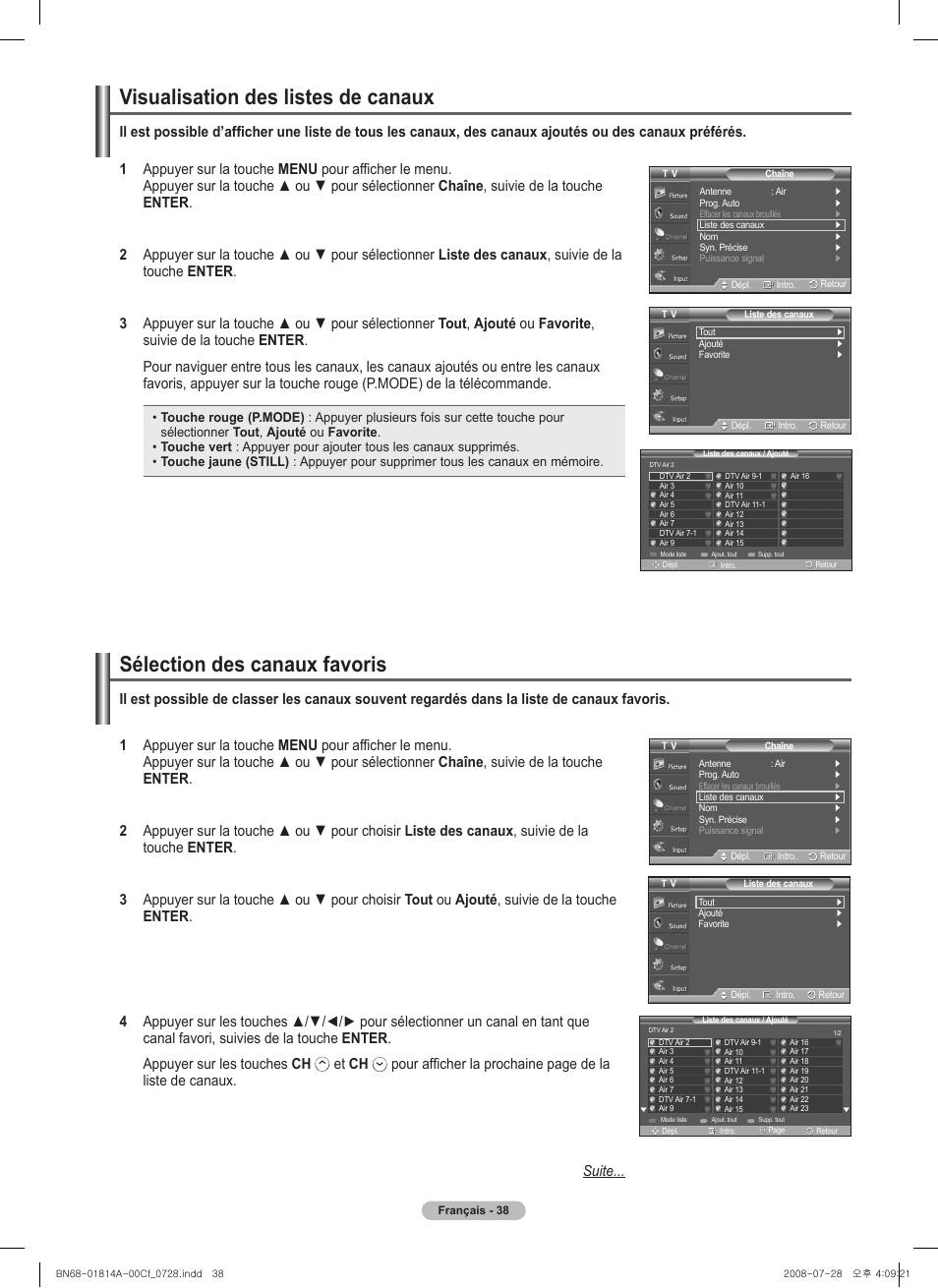 Sélection des canaux favoris, Visualisation des listes de canaux, Et ch | Samsung PN50A400C2DXZA User Manual | Page 177 / 209