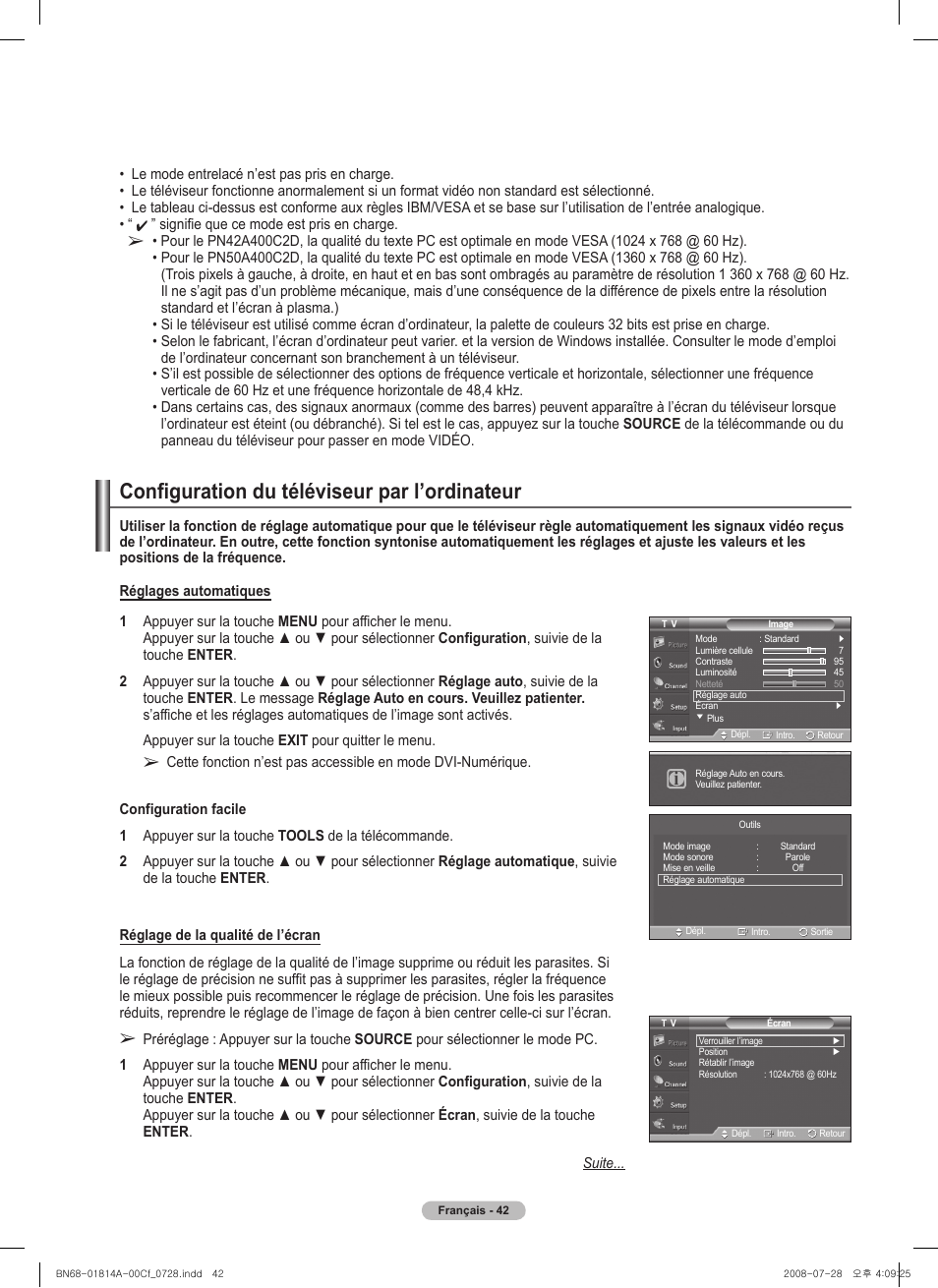 Configuration du téléviseur par l’ordinateur | Samsung PN50A400C2DXZA User Manual | Page 181 / 209